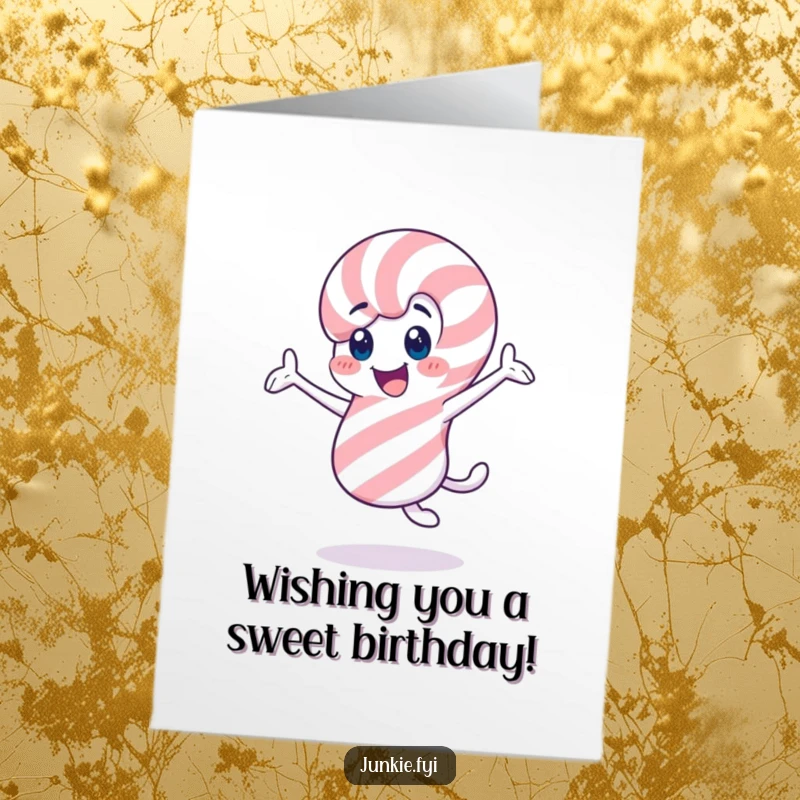 Free Printable Birthday Card: A cheerful candy cane character twirling with enthusiasm, a festive DIY greeting.
