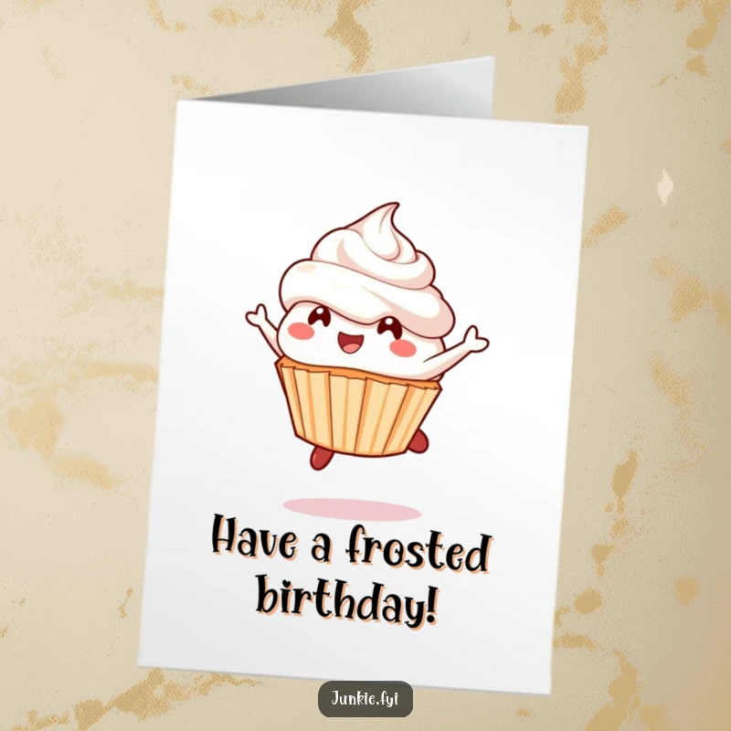 Free Printable Birthday Card: A delighted cupcake character mid-leap with frosting flying, perfect for a sweet DIY greeting.