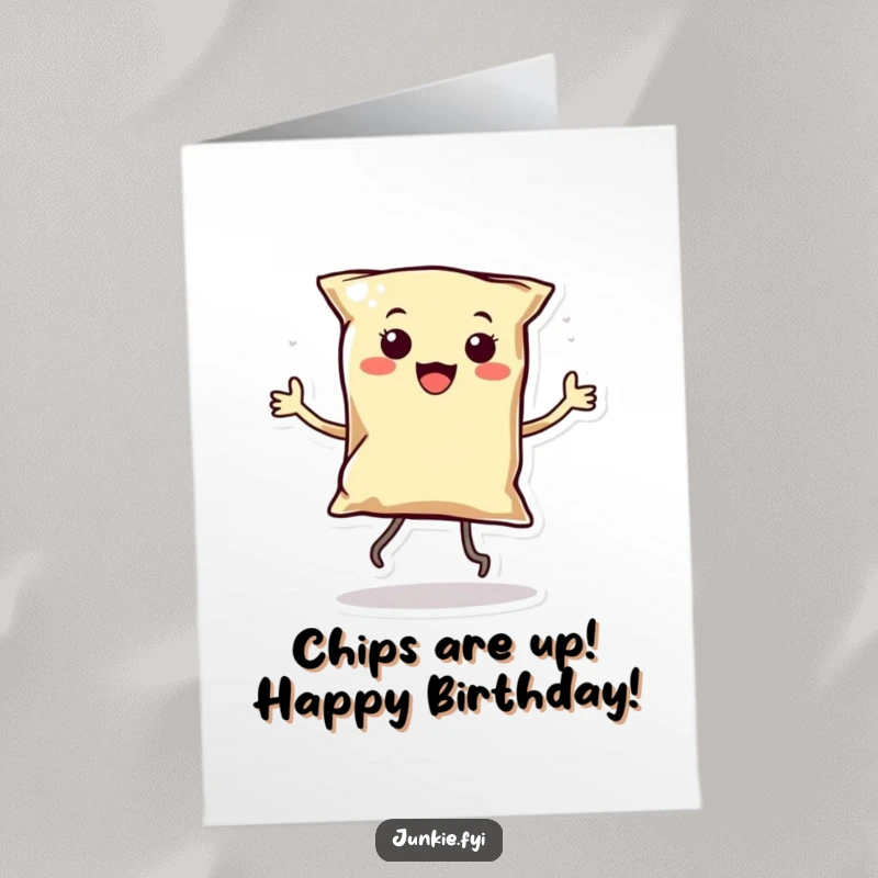 Funny Free Printable Birthday Card: Kawaii chip with tiny legs dancing joyfully, spreading birthday cheer with a smile.