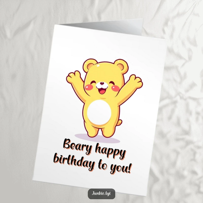 Free Printable Birthday Card: A joyful gummy bear doing a cartwheel with a huge delighted smile, perfect for kids.