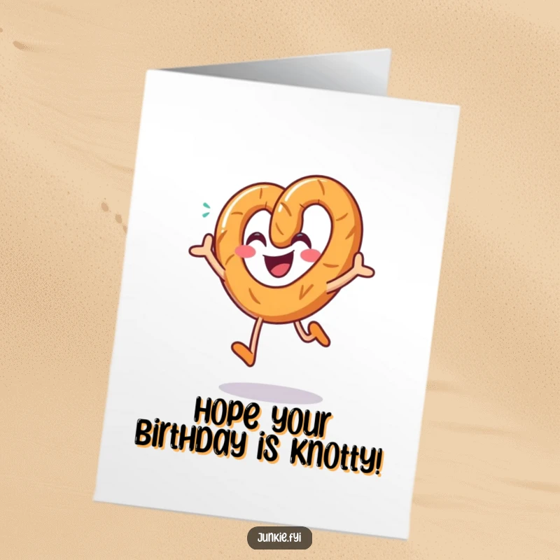 Free Printable Birthday Card: A smiling pretzel character leaping joyfully with salt sprinkles, a fun DIY greeting.
