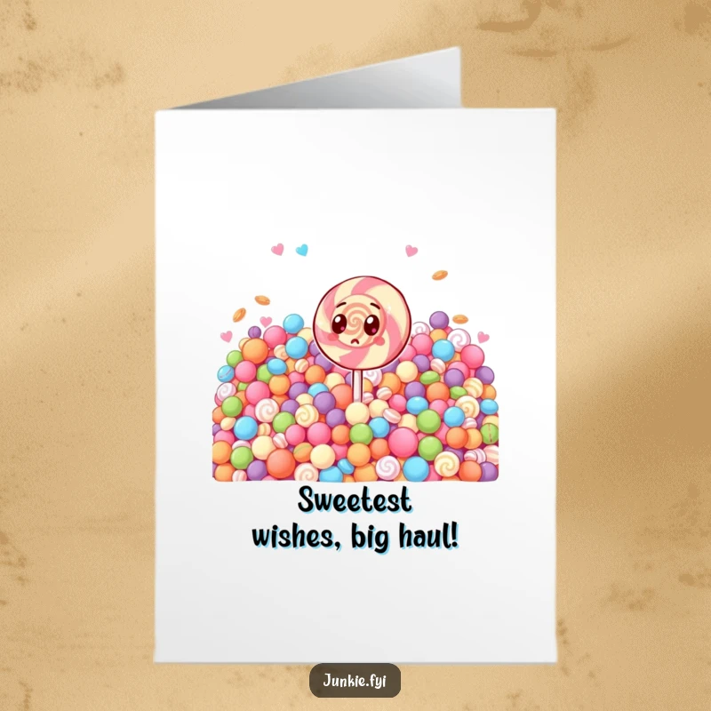 Funny Free Printable Birthday Card: Surprised lollipop character overwhelmed by a mountain of candy, perfect for sweet celebrations.
