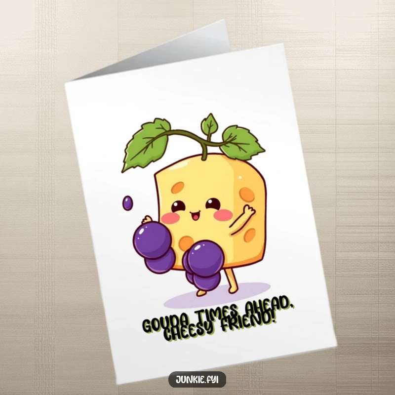 Funny Free Printable Birthday Card with spunky Kawaii cheese trying to catch a falling grape, a hilarious downloadable gift.