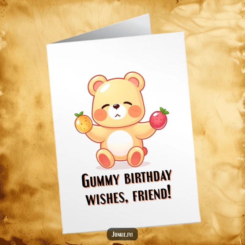 Funny Free Printable Birthday Card featuring a cool, winking gummy bear skillfully juggling three small, see-through fruits.