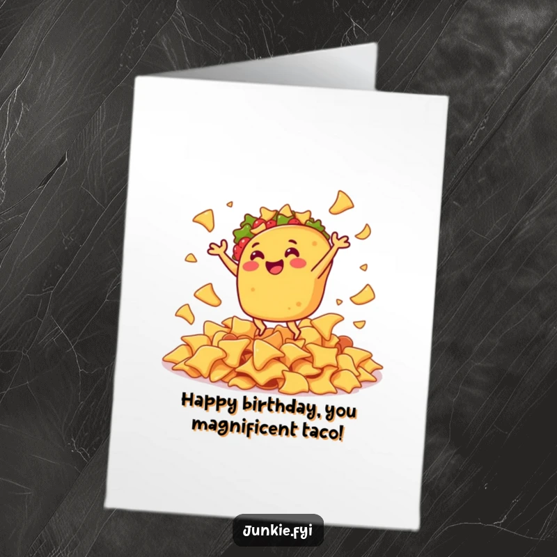 Funny Free Printable Birthday Card: A gleeful taco enthusiastically does a joyful jig among a crunchy pile of nacho chips.