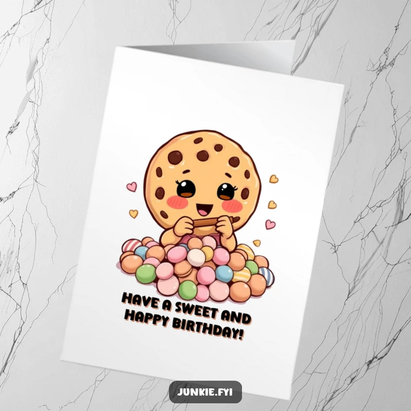 Funny Free Printable Birthday Card: A happy cookie plays a tiny flute, enchanting a pile of colorful candies.