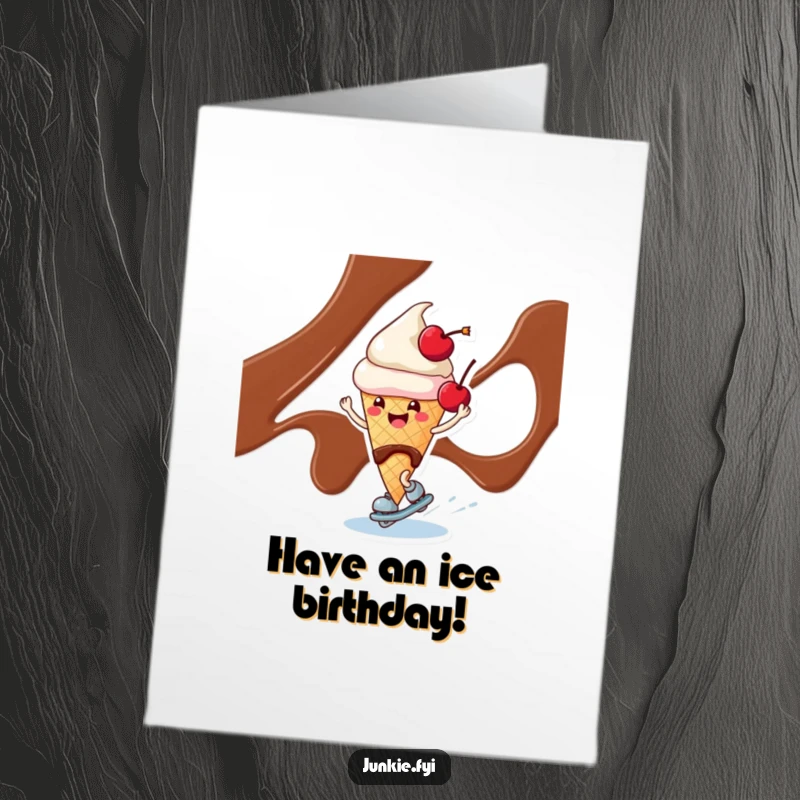 Funny free printable birthday card featuring a cheerful ice cream cone character happily skating on chocolate syrup.