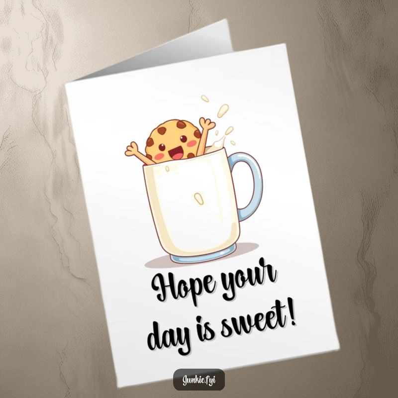 Funny Free Printable Birthday Card: Delighted cookie character leaping into a giant mug of milk, a joyful splash.