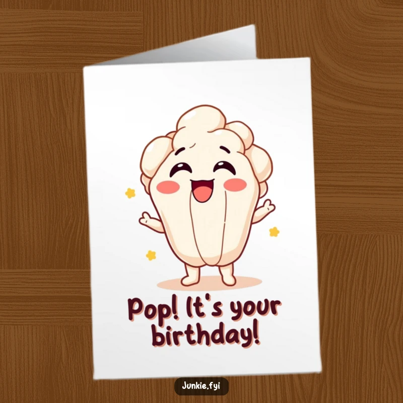 Funny Free Printable Birthday Card: Giggling popcorn kernel character joyfully bursting with excitement, a celebratory greeting.