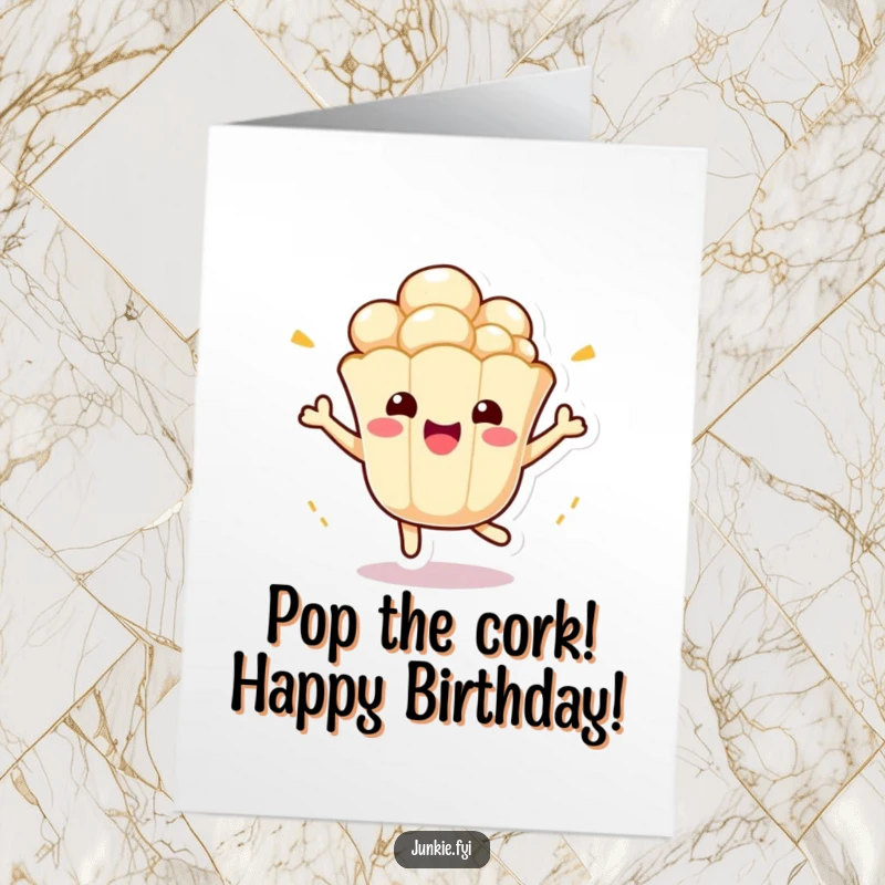 Funny Free Printable Birthday Card: A cute kawaii popcorn kernel character bouncing with pure, uncontainable birthday excitement.