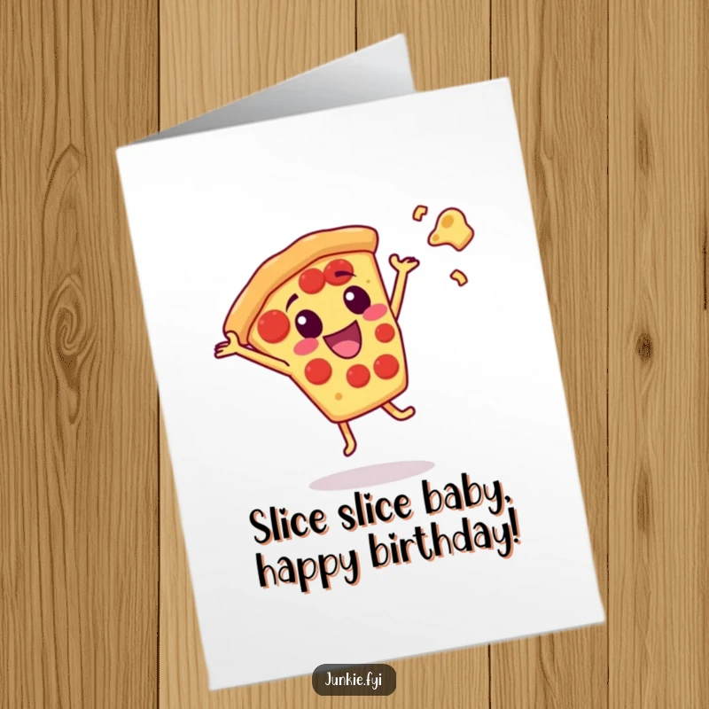 Funny Free Printable Birthday Card: Delighted Pizza Slice Character Doing a Joyful Cartwheel with Cheese Flying.