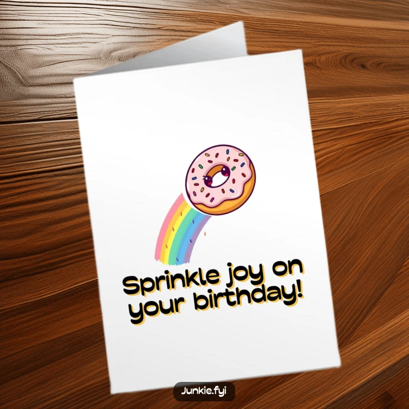 Funny Free Printable Birthday Card featuring a delighted donut joyfully sliding down a vibrant rainbow made entirely of colorful sprinkles.