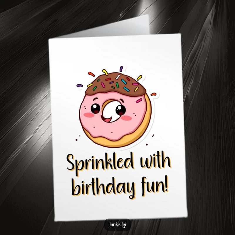 Funny Free Printable Birthday Card: Happy donut character with sprinkle hair spinning energetically, a festive greeting.