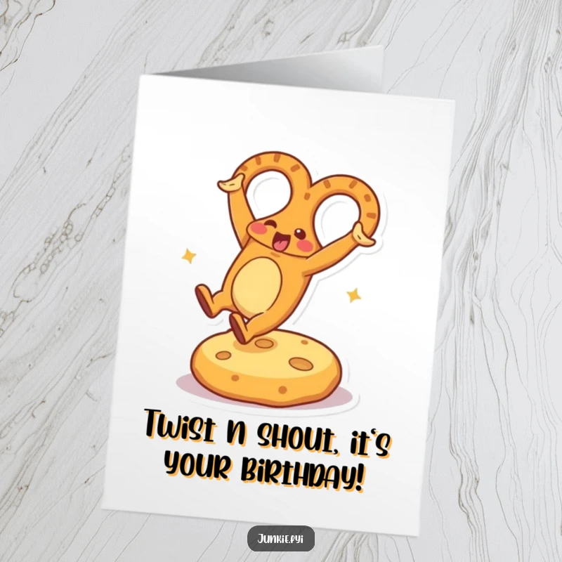Funny Free Printable Birthday Card: Energetic pretzel doing a cartwheel on cheese, perfect for a DIY gift.