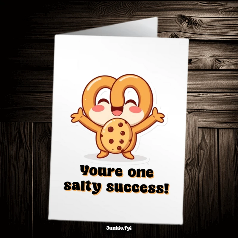 Funny Free Printable Congratulations Card: Glee Pretzel Inhaling a Cookie with Enthusiastic Approval.