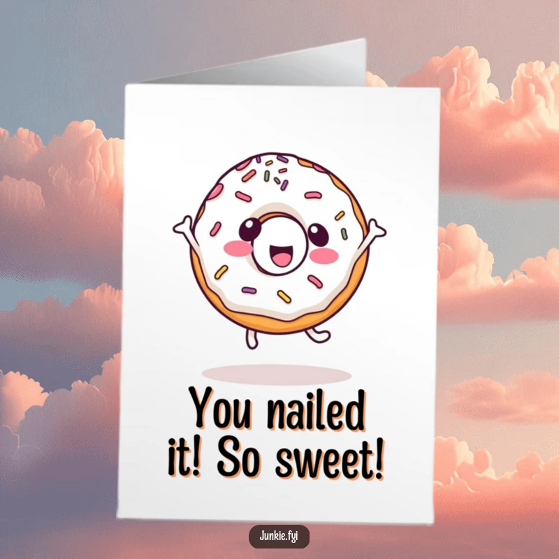 Funny Free Printable Congratulations Card showing a happy kawaii donut character covered in sprinkles doing a cartwheel.