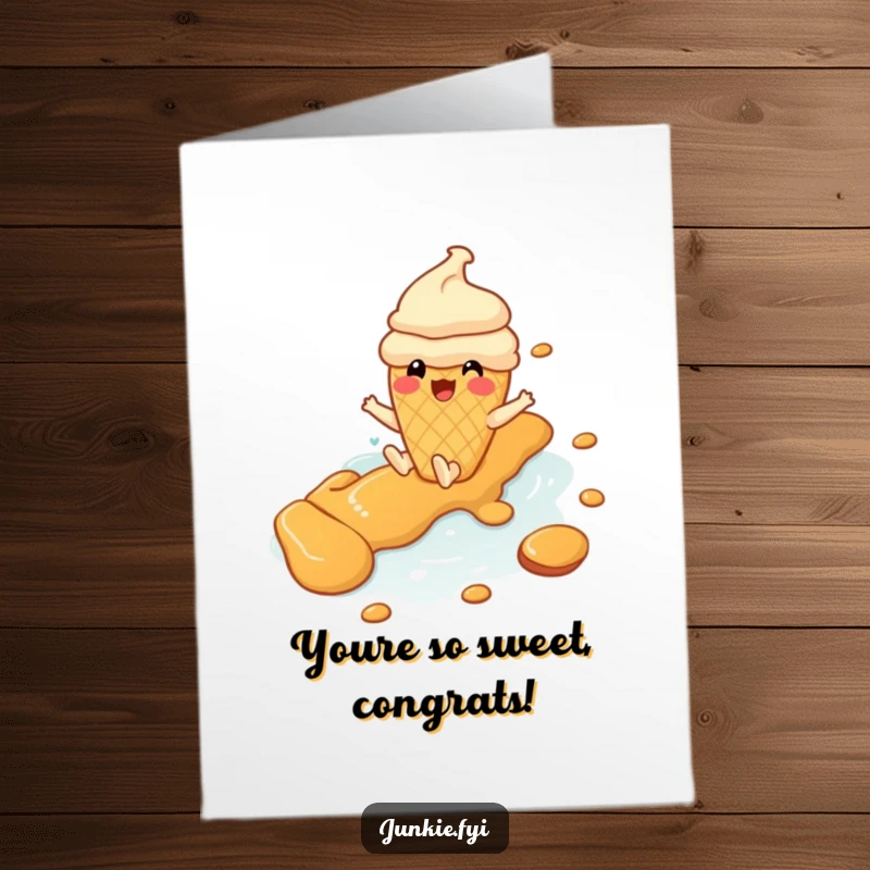 Funny Free Printable Congratulations Card: Cheerful Ice Cream Cone Character Gleefully Sliding Down a Rich Caramel River.