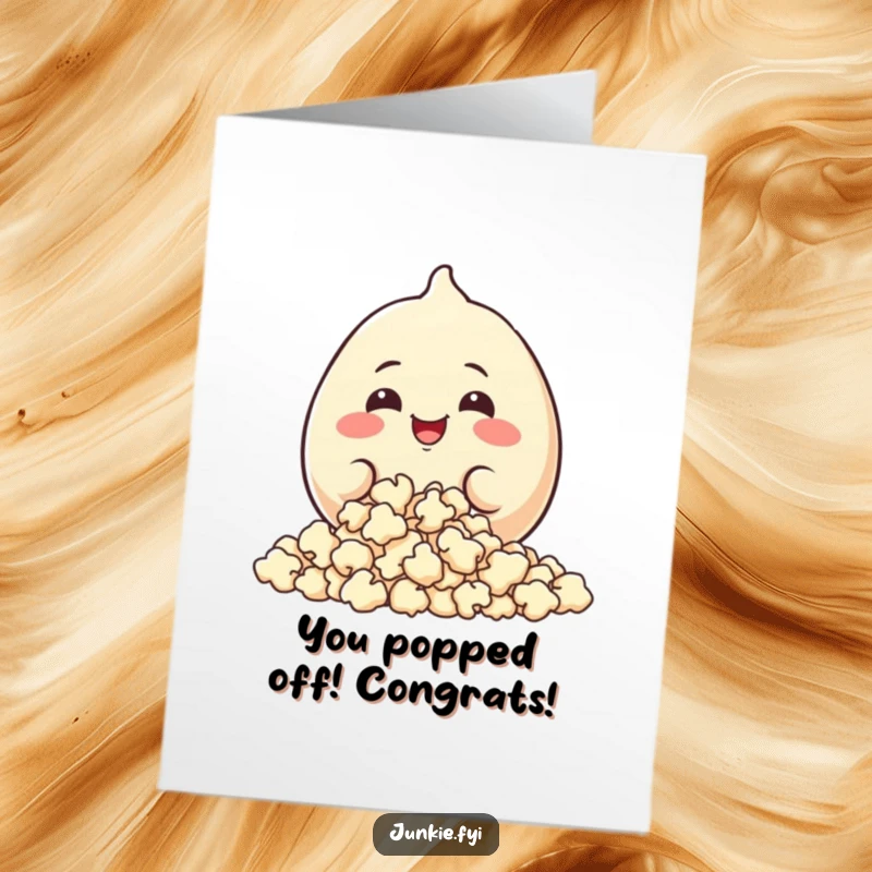 Funny Free Printable Congratulations Card: A happy food character joyfully eating a large pile of popcorn, celebrating achievement.