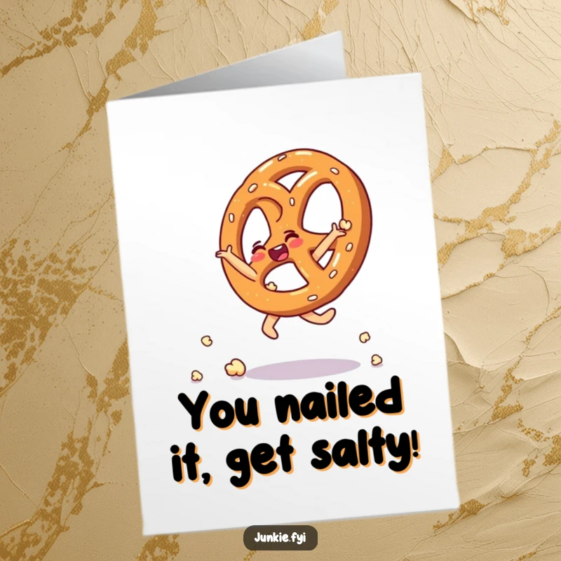 Funny Free Printable Congratulations Card: A thrilled pretzel executes a cartwheel, with the entire motion formed by popcorn kernels.