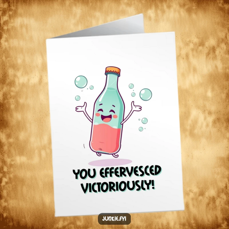 Funny Free Printable Congratulations Card: An excited soda bottle character joyfully dances, surrounded by bubbles.