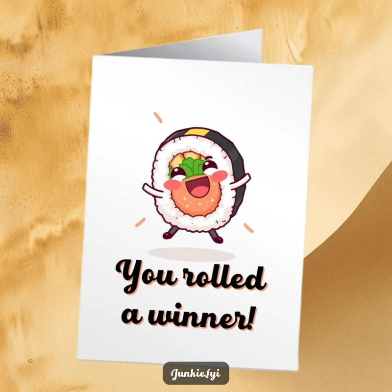 Funny Free Printable Congratulations Card featuring a happy sushi roll cartwheeling with its nori, celebrating success.
