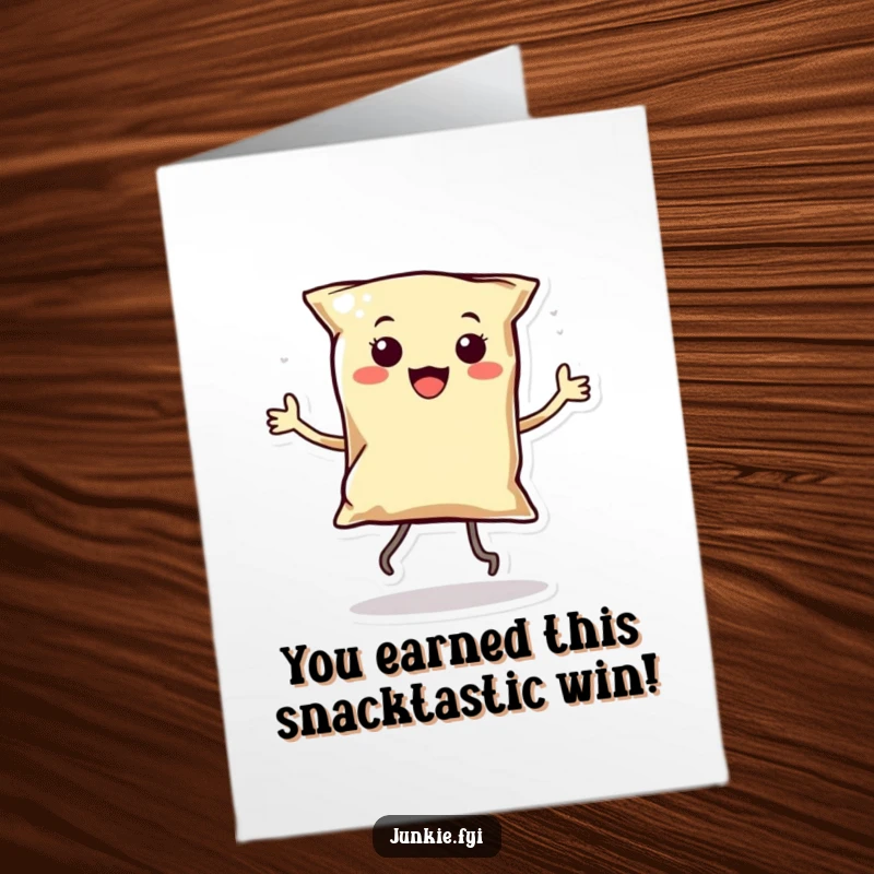 Funny Free Printable Congratulations Card: Joyful kawaii chip character with legs dancing to celebrate your amazing success.