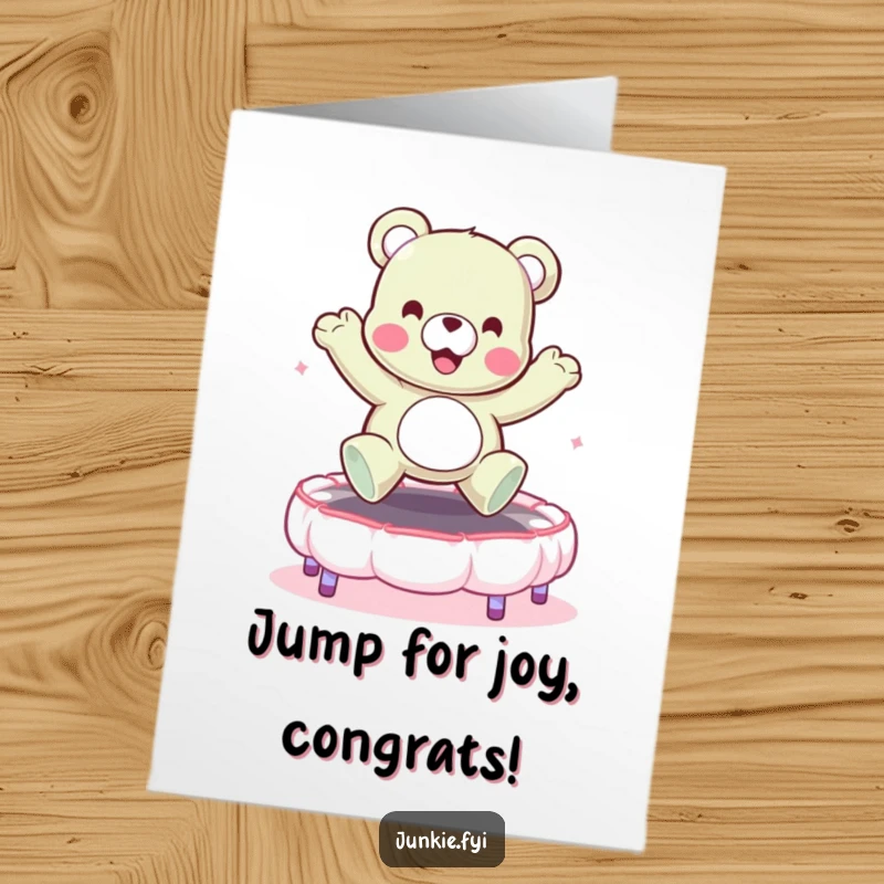 Funny Free Printable Congratulations Card: A gummy bear character enthusiastically bouncing on a marshmallow trampoline, celebrating a great success.
