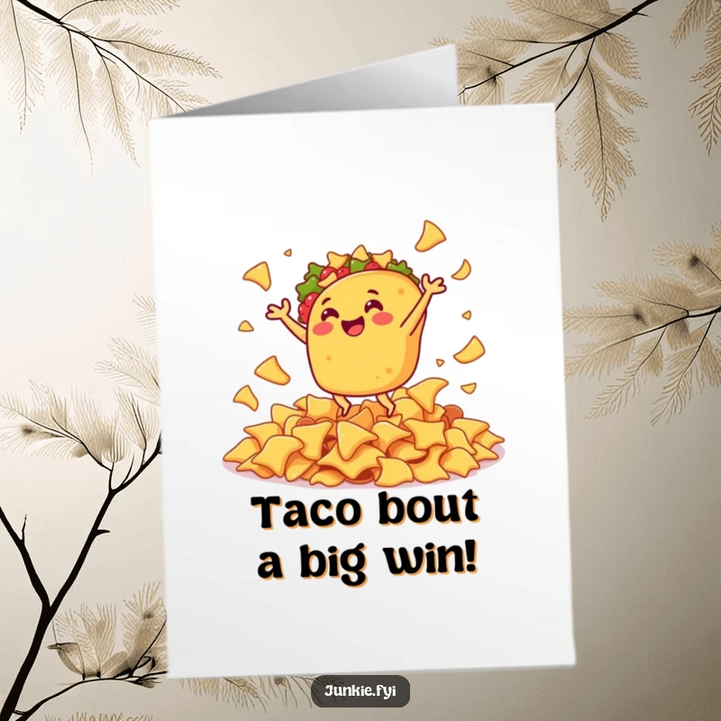 Funny Free Printable Congratulations Card: A gleeful taco performs a happy jig, surrounded by a delicious pile of nacho chips.