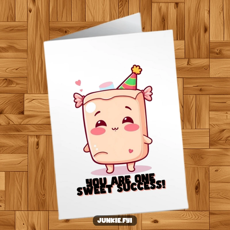 Funny Free Printable Congratulations Card: A giggling kawaii candy bar wearing a party hat blowing a kiss of celebration.
