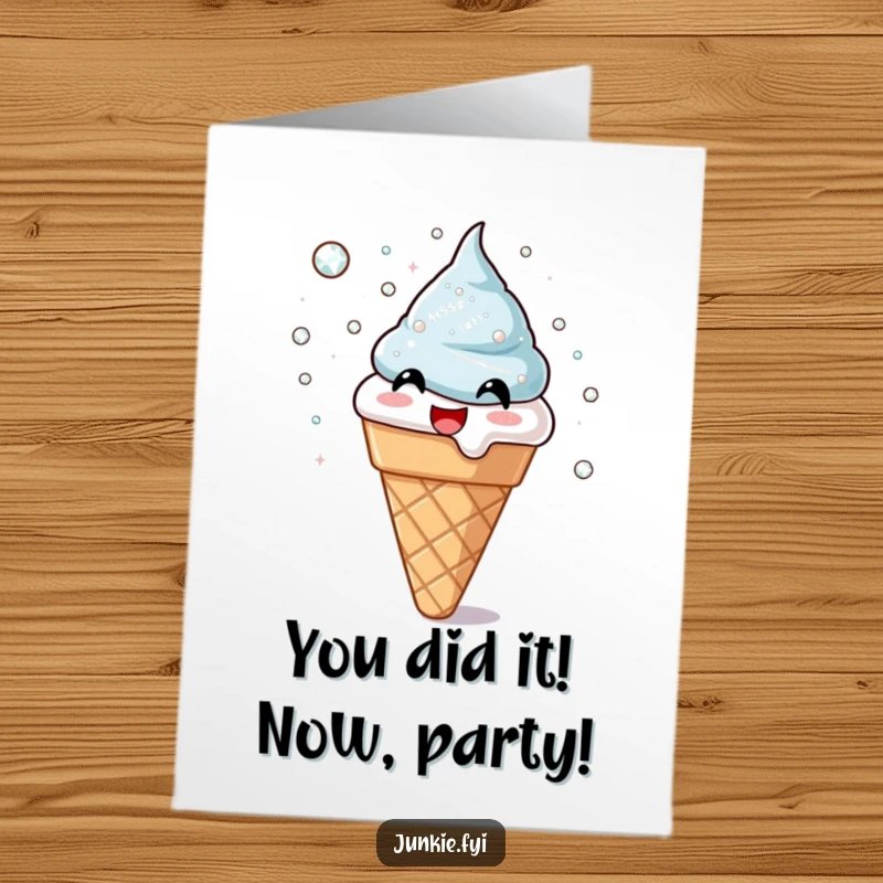 Hilarious free printable congratulations card: a gleeful ice cream cone tossing a cascade of shimmering sugar crystals for ultimate praise.