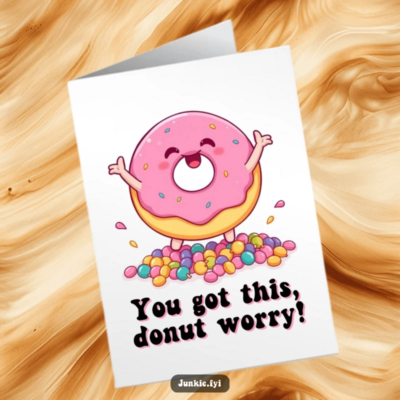 Funny Free Printable Congratulations Card: A Joyful Donut Character Happily Bouncing a Pile of Colorful Candies.