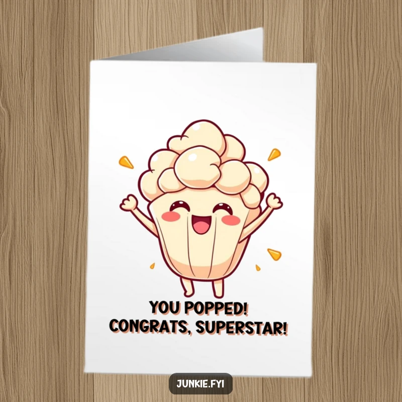 Funny Free Printable Congratulations Card of a vibrant popcorn kernel character erupting with pure, uncontainable celebratory energy and excitement.