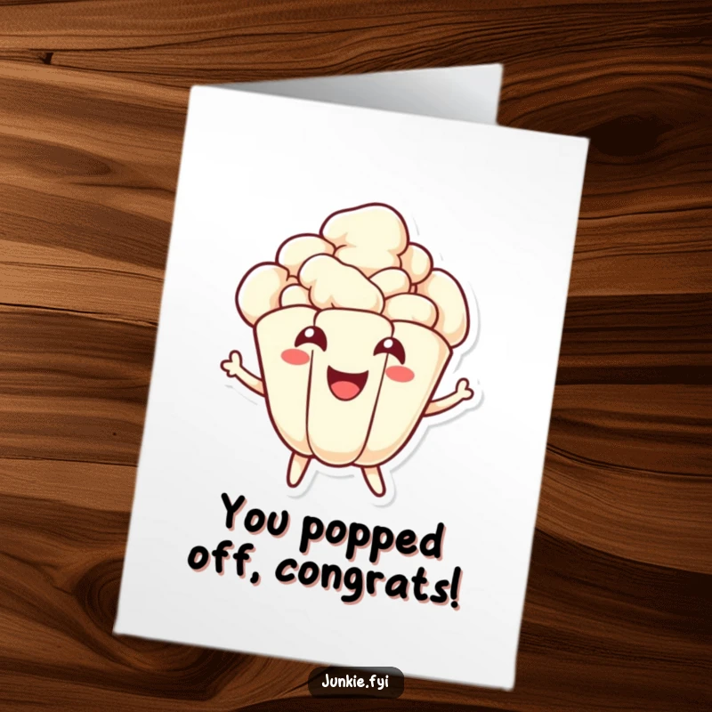 Funny Free Printable Congratulations Card: A joyful popcorn kernel character energetically popping with a huge smile, celebrating your fantastic news.