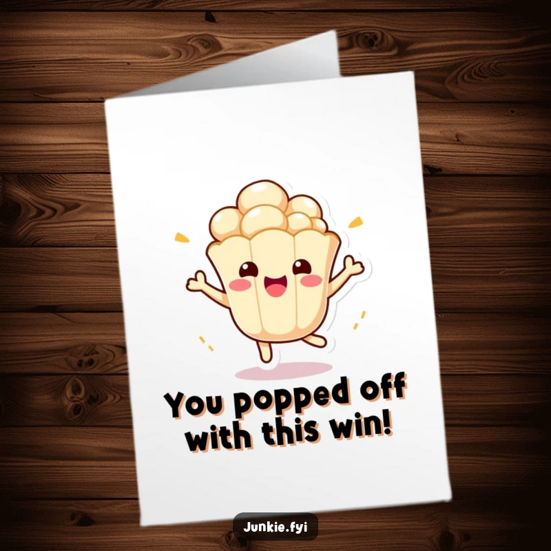 Funny Free Printable Congratulations Card: A kawaii popcorn kernel character bouncing energetically to celebrate your amazing achievement.