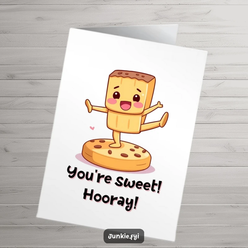 Funny Free Printable Congratulations Card: A candy bar character performs gymnastics on a cookie with delight.