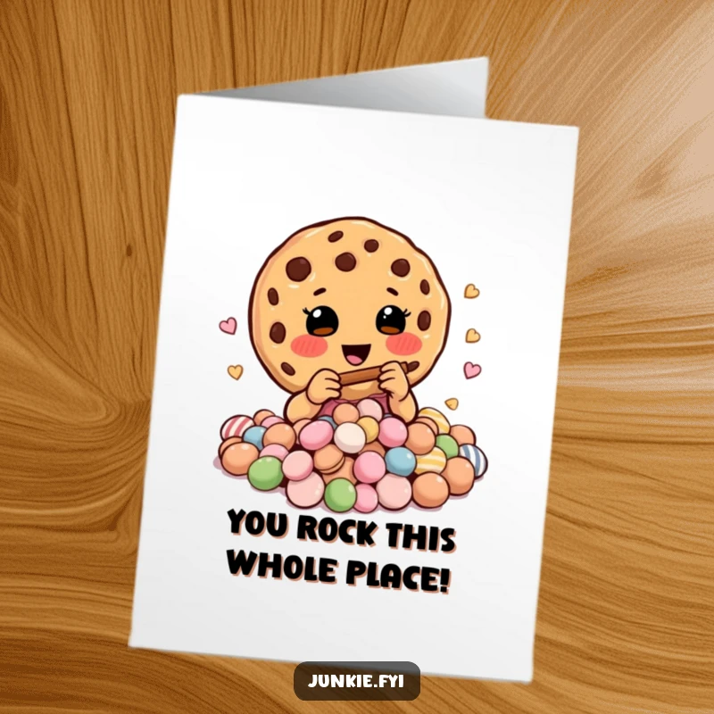 Funny Free Printable Congratulations Card: A happy cookie plays a miniature flute, mesmerizing a heap of delicious candies.