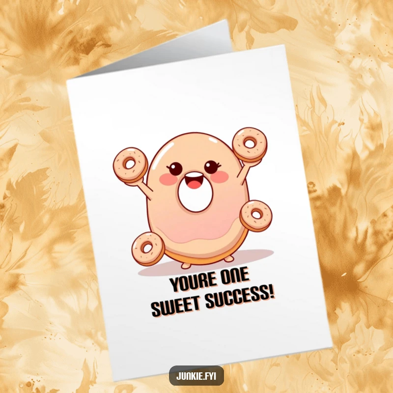 Funny Free Printable Congrats Card: A wobbly jelly donut juggling tiny donuts, celebrating a sweet victory.