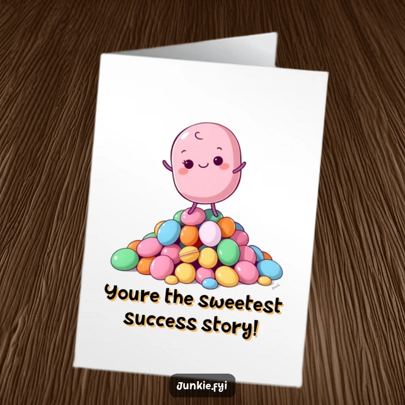 Funny free printable congratulations card showing a macaron character perfectly balancing on a pile of colorful candies in celebration.