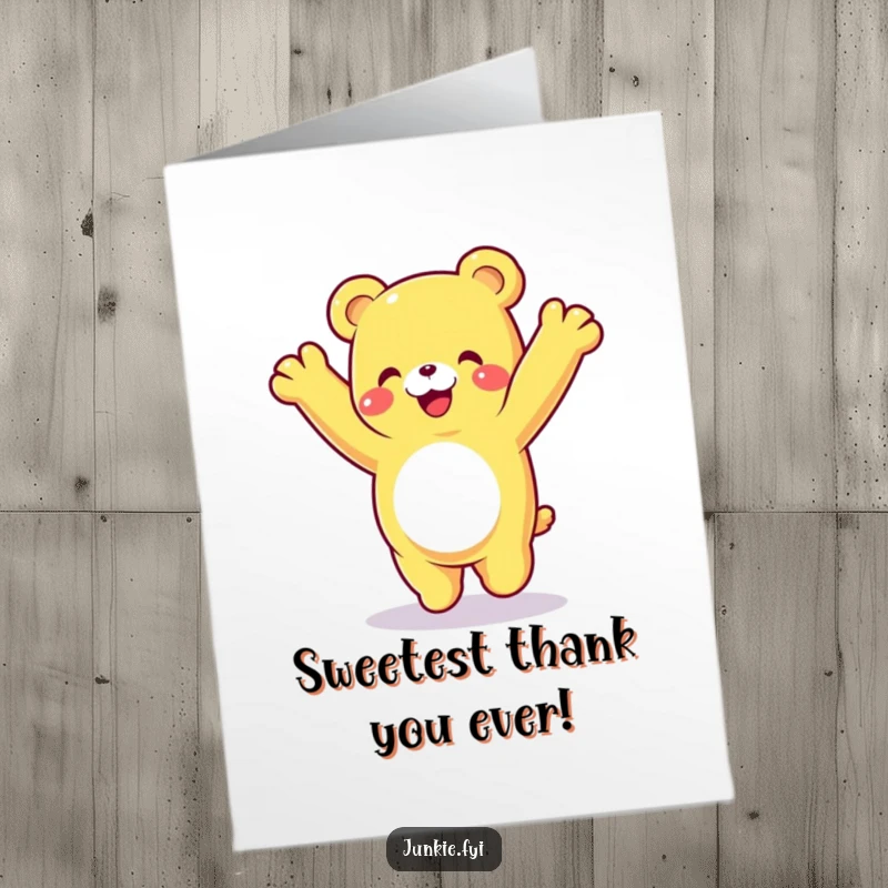 Free Printable Thank You Card: A cheerful gummy bear doing a cartwheel with a wide smile, perfect for DIY thanks.