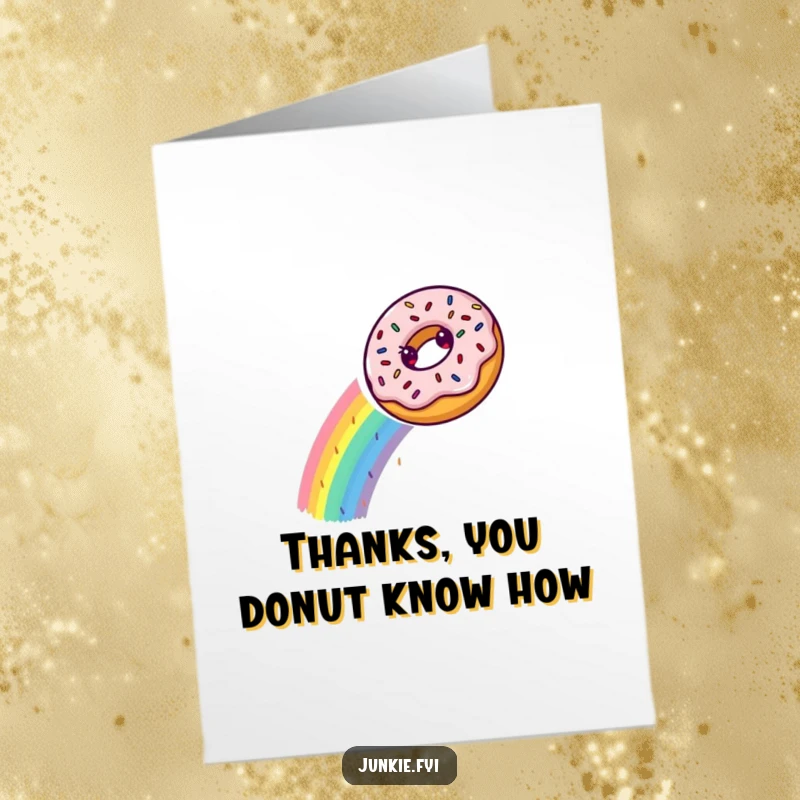 Funny Free Printable Thank You Card with a delighted donut happily sliding down a dazzling rainbow made of multi-colored sprinkles.