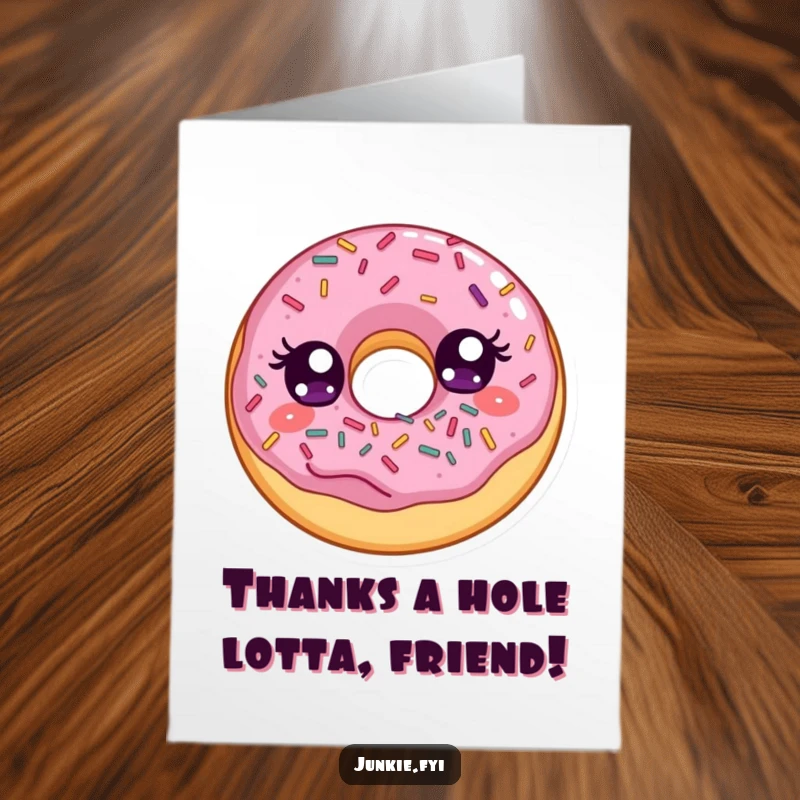 Funny Free Printable Thank You Card: A delighted donut with ecstatic eyes feasts on a mound of colorful sprinkles.