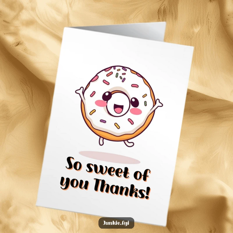 Funny Free Printable Thank You Card with a happy kawaii donut character doing a cartwheel, decorated with sprinkles.