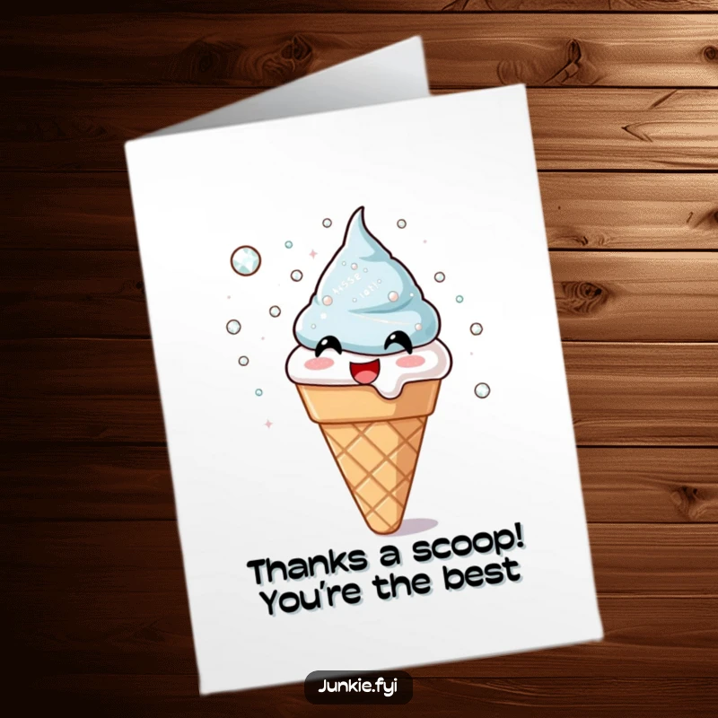Charming free printable thank you card: a cheerful ice cream cone showering sugar crystals, expressing heartfelt thanks with a smile.