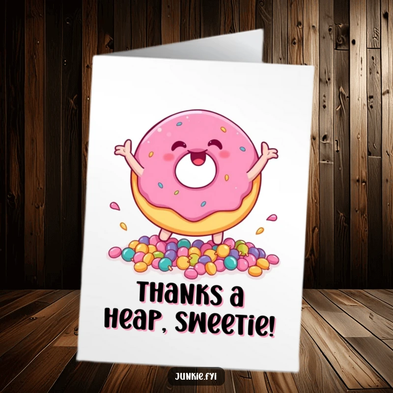 Funny Free Printable Thank You Card: Joyful Donut Character Gleefully Bouncing a Pile of Tiny Candies.