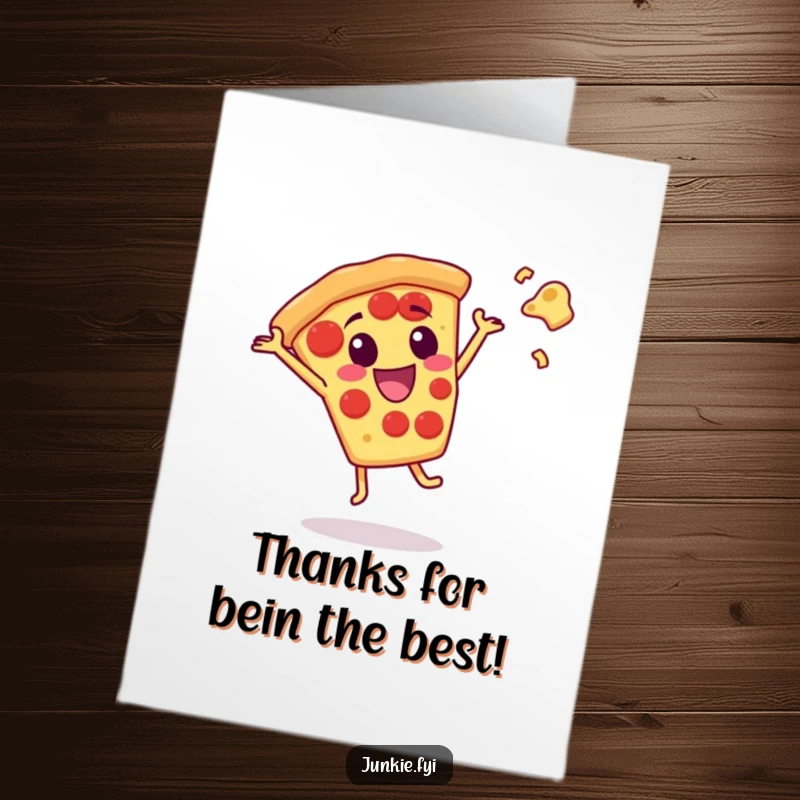 Funny Free Printable Thank You Card: Delighted Pizza Slice Character Doing a Joyful Cartwheel, Cheese Flying With Gusto.