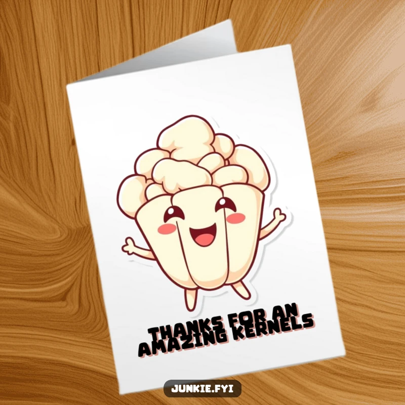 Funny Free Printable Thank You Card: A happy popcorn kernel character mid-pop with a wide smile, conveying energetic thanks.