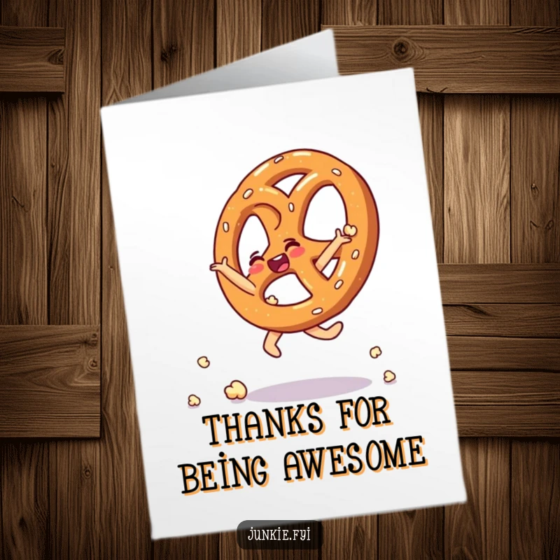 Funny Free Printable Thank You Card: A thrilled pretzel does a cartwheel, creatively made out of scattered popcorn kernels.