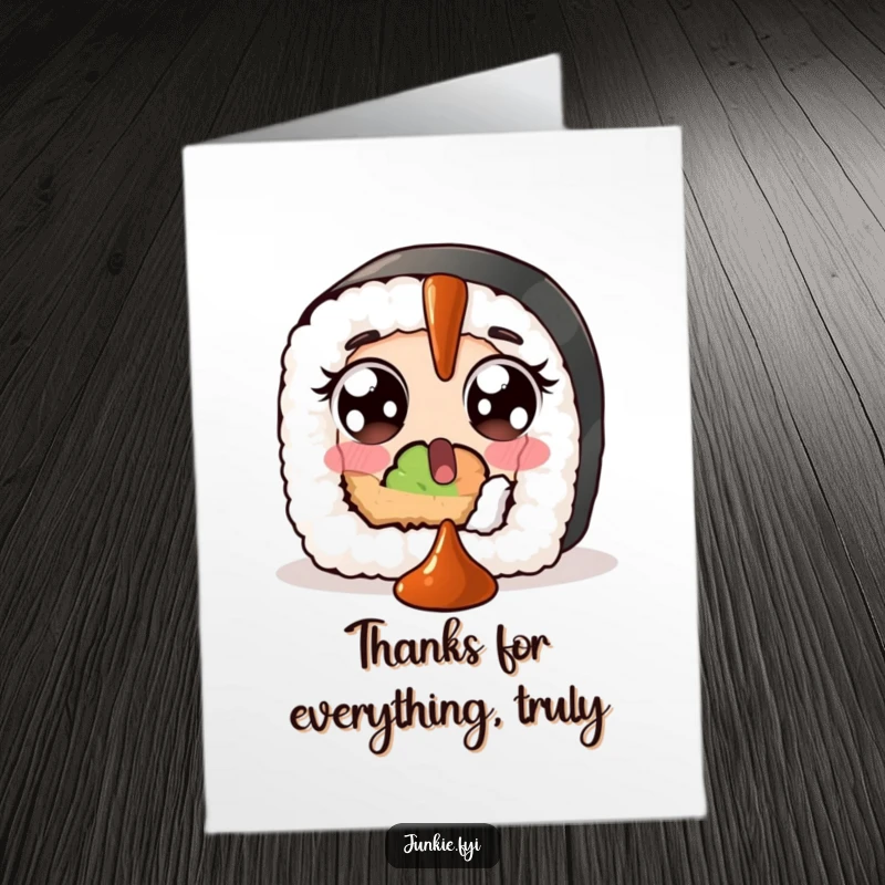 Funny Free Printable Thank You Card: A surprised sushi roll with wide eyes is caught off guard by a falling soy sauce dollop.