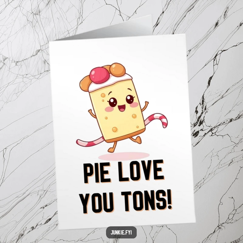 Funny Free Printable Thank You Card: A happy slice of pie skips along a licorice rope with joy.