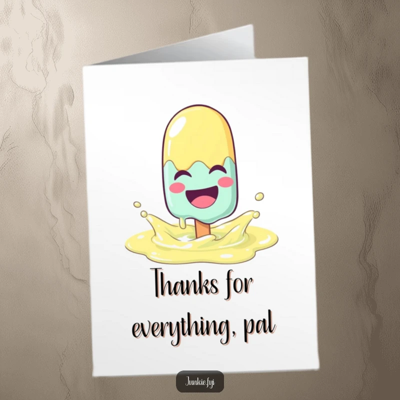 Funny free printable thank you card featuring a laughing popsicle melting in a lemonade puddle.